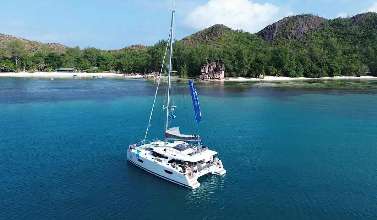 Yacht sailing past forested islands in Howe Sound
